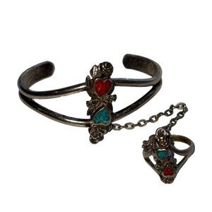 Vintage Native American Southwestern Inlaid Hearts Slave Bracelet/Ring